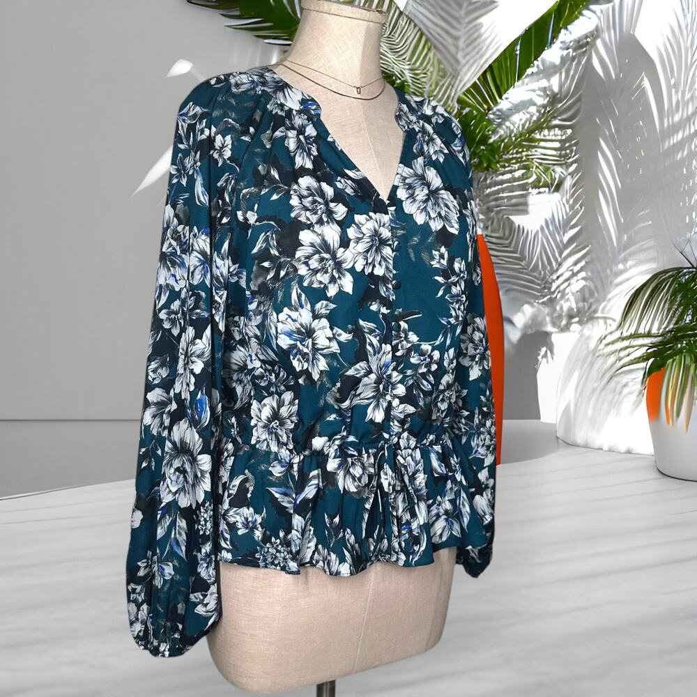 PARKER Blouson Peplum Blouse Floral Green Drawstring Festival Cottagecore Small